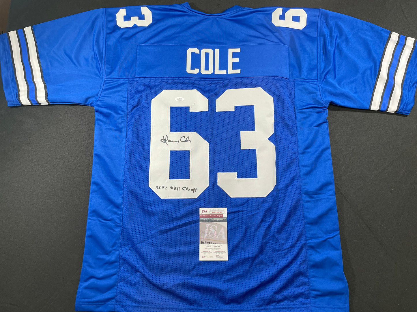 LARRY COLE DALLAS COWBOYS SIGNED BLUE JERSEY w/SB VI & XII Champs XL JSA COA