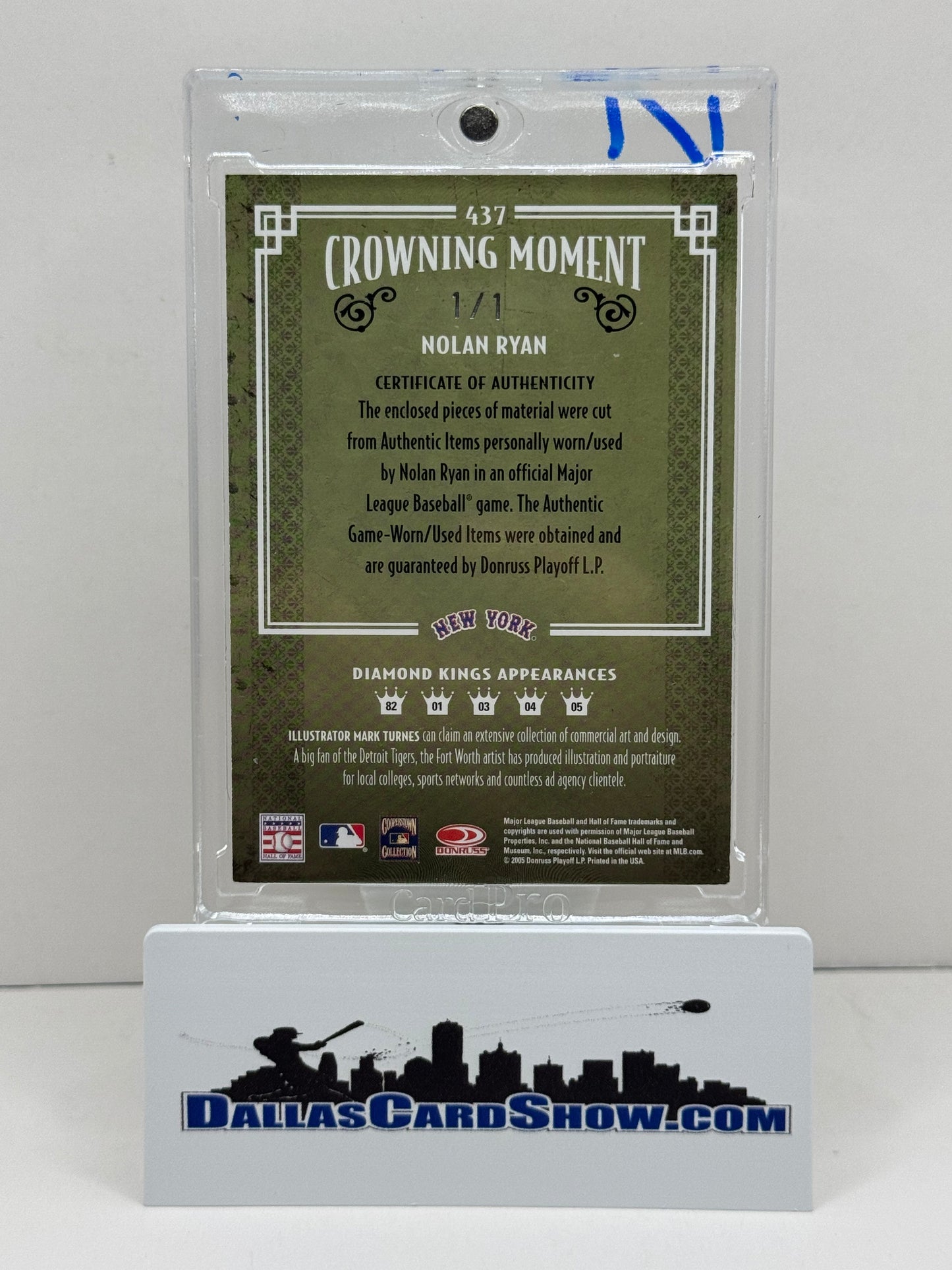 2005 Diamond Kings #437 Nolan Ryan Crowning Moments Legend Platinum Relic 1/1