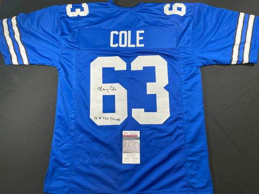LARRY COLE DALLAS COWBOYS SIGNED BLUE JERSEY w/SB VI & XII Champs XL JSA COA