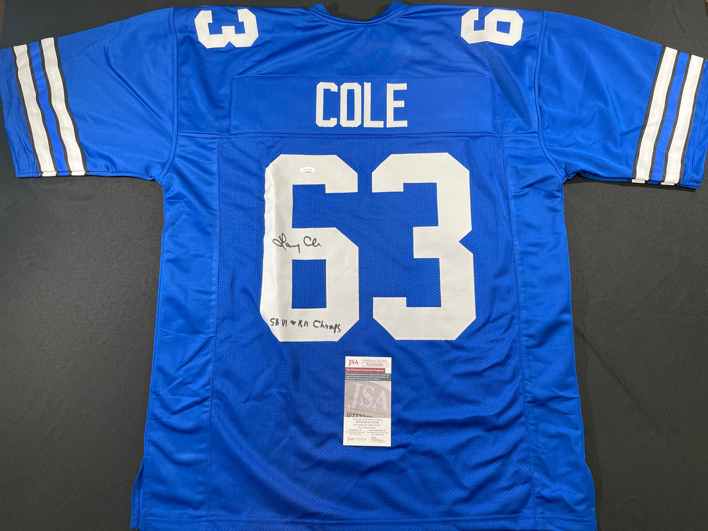 LARRY COLE DALLAS COWBOYS SIGNED BLUE JERSEY w/SB VI & XII Champs XL JSA COA