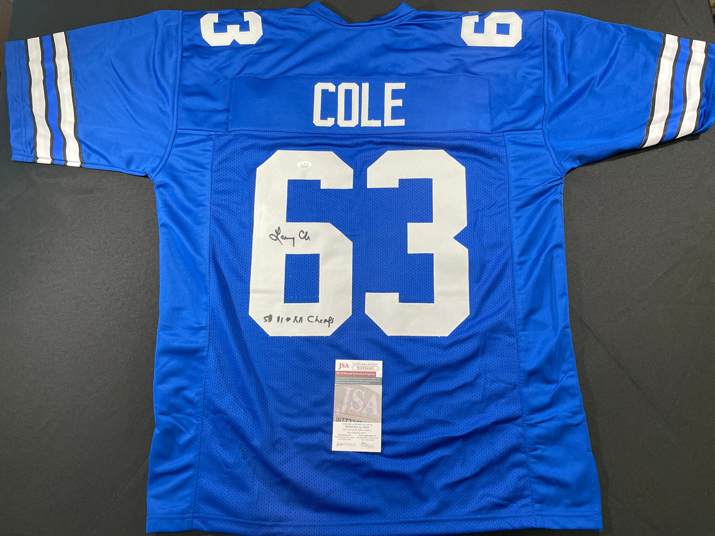 LARRY COLE DALLAS COWBOYS SIGNED BLUE JERSEY w/SB VI & XII Champs XL JSA COA
