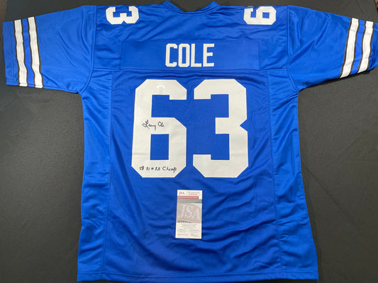 LARRY COLE DALLAS COWBOYS SIGNED BLUE JERSEY w/SB VI & XII Champs XL JSA COA