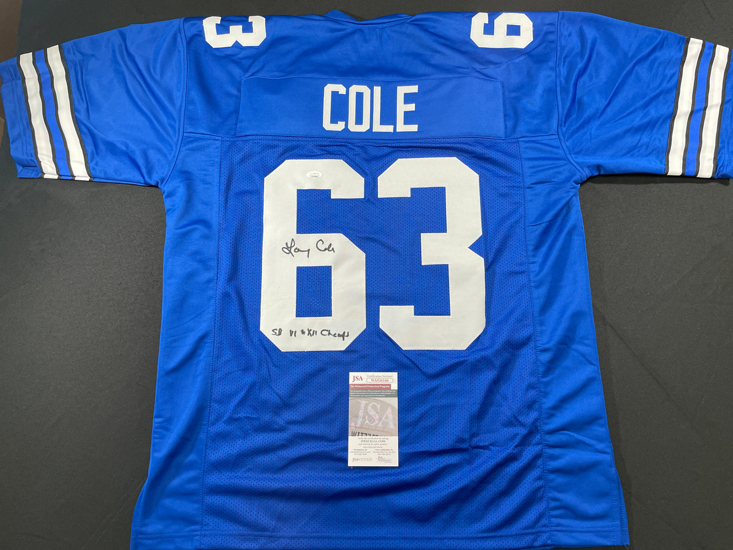 LARRY COLE DALLAS COWBOYS SIGNED BLUE JERSEY w/SB VI & XII Champs XL JSA COA
