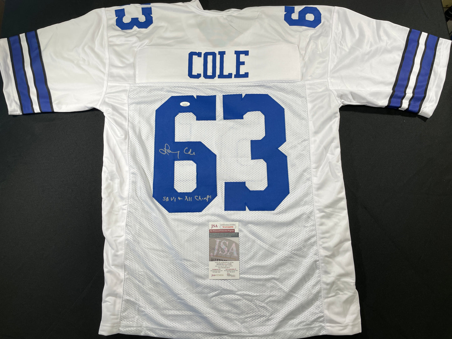 LARRY COLE DALLAS COWBOYS SIGNED WHITE JERSEY w/SB VI & XII Champs XL JSA COA