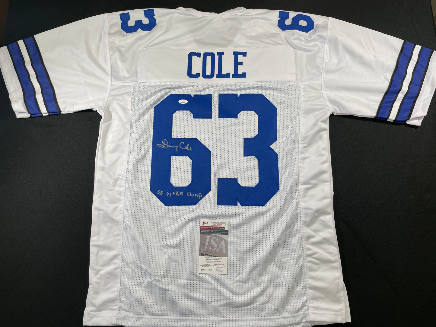 LARRY COLE DALLAS COWBOYS SIGNED WHITE JERSEY w/SB VI & XII Champs XL JSA COA