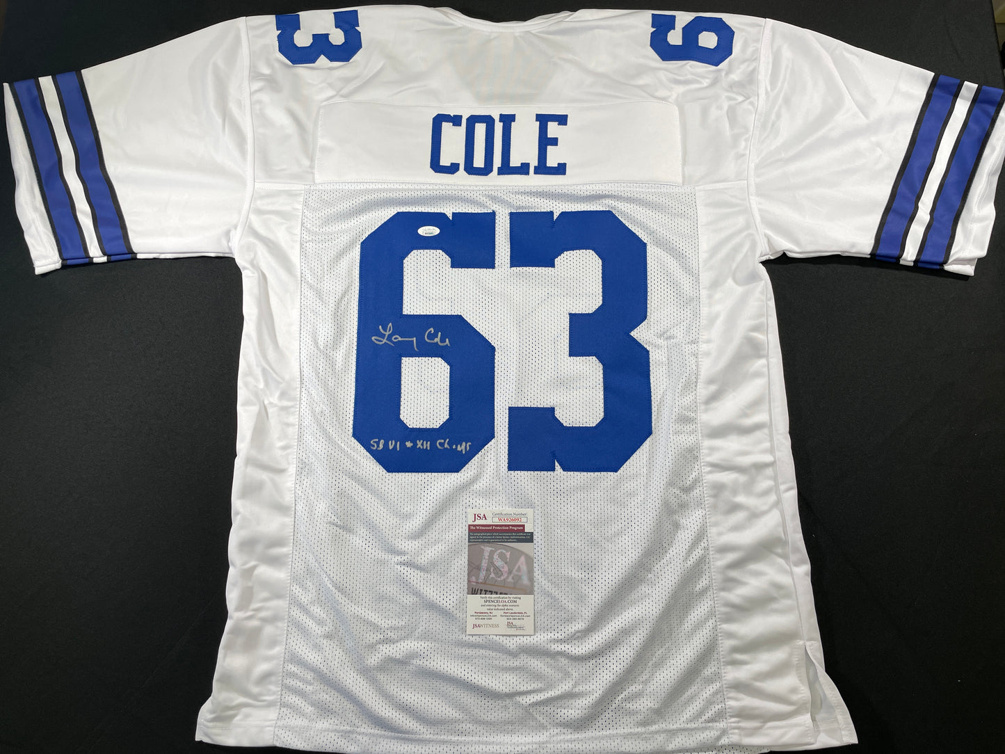 LARRY COLE DALLAS COWBOYS SIGNED WHITE JERSEY w/SB VI & XII Champs XL JSA COA