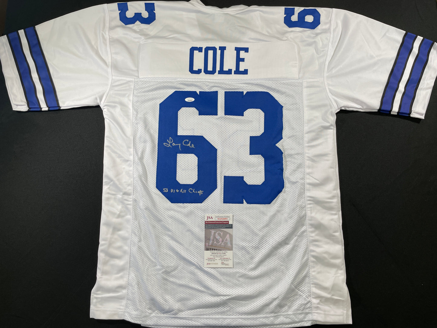 LARRY COLE DALLAS COWBOYS SIGNED WHITE JERSEY w/SB VI & XII Champs XL JSA COA
