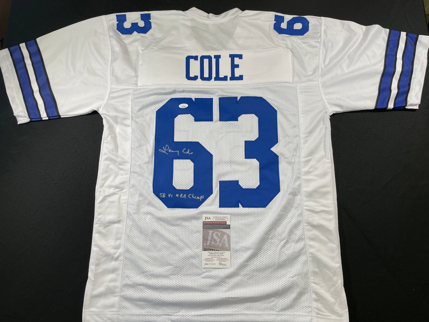 LARRY COLE DALLAS COWBOYS SIGNED WHITE JERSEY w/SB VI & XII Champs XL JSA COA