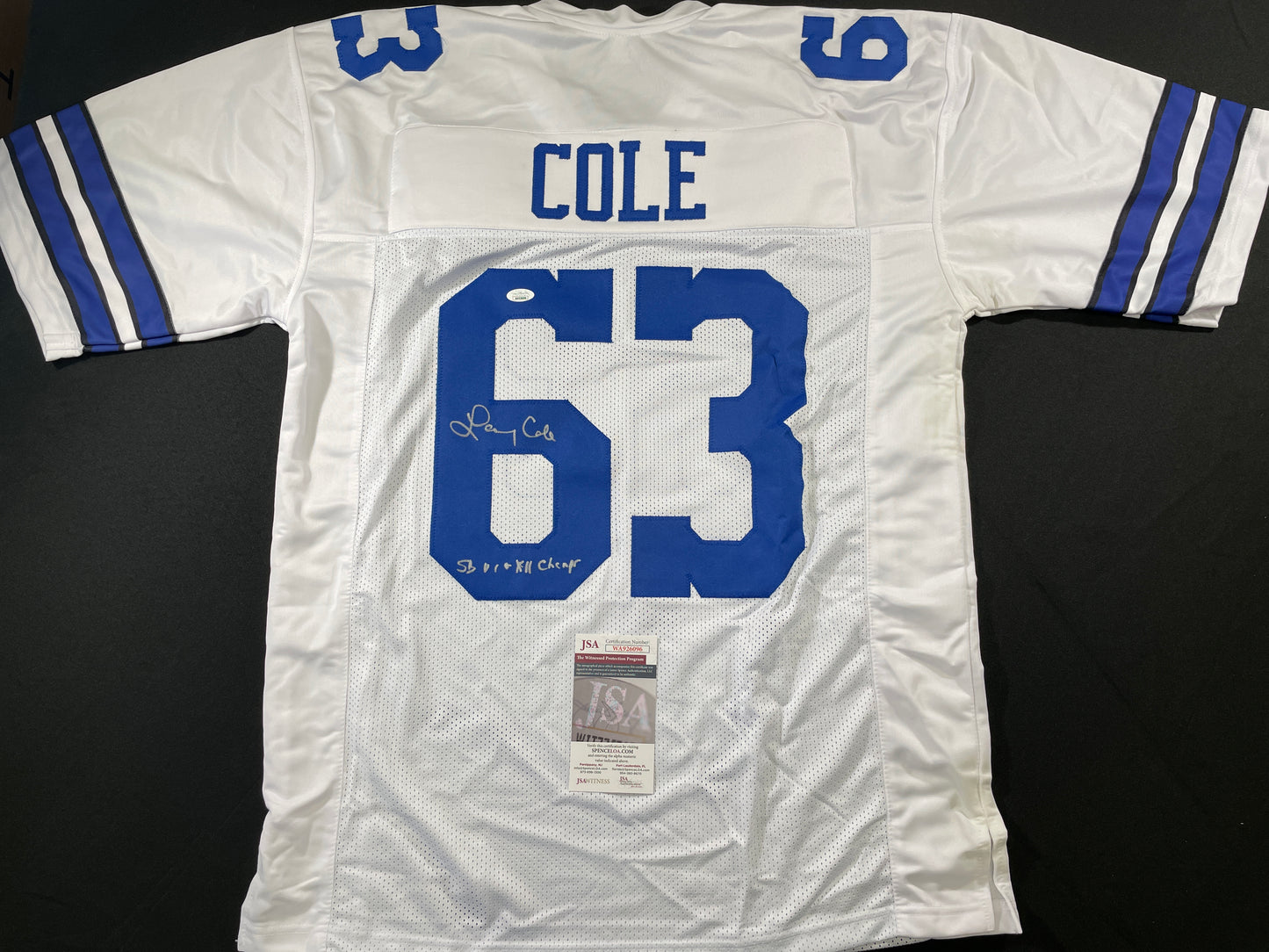LARRY COLE DALLAS COWBOYS SIGNED WHITE JERSEY w/SB VI & XII Champs XL JSA COA