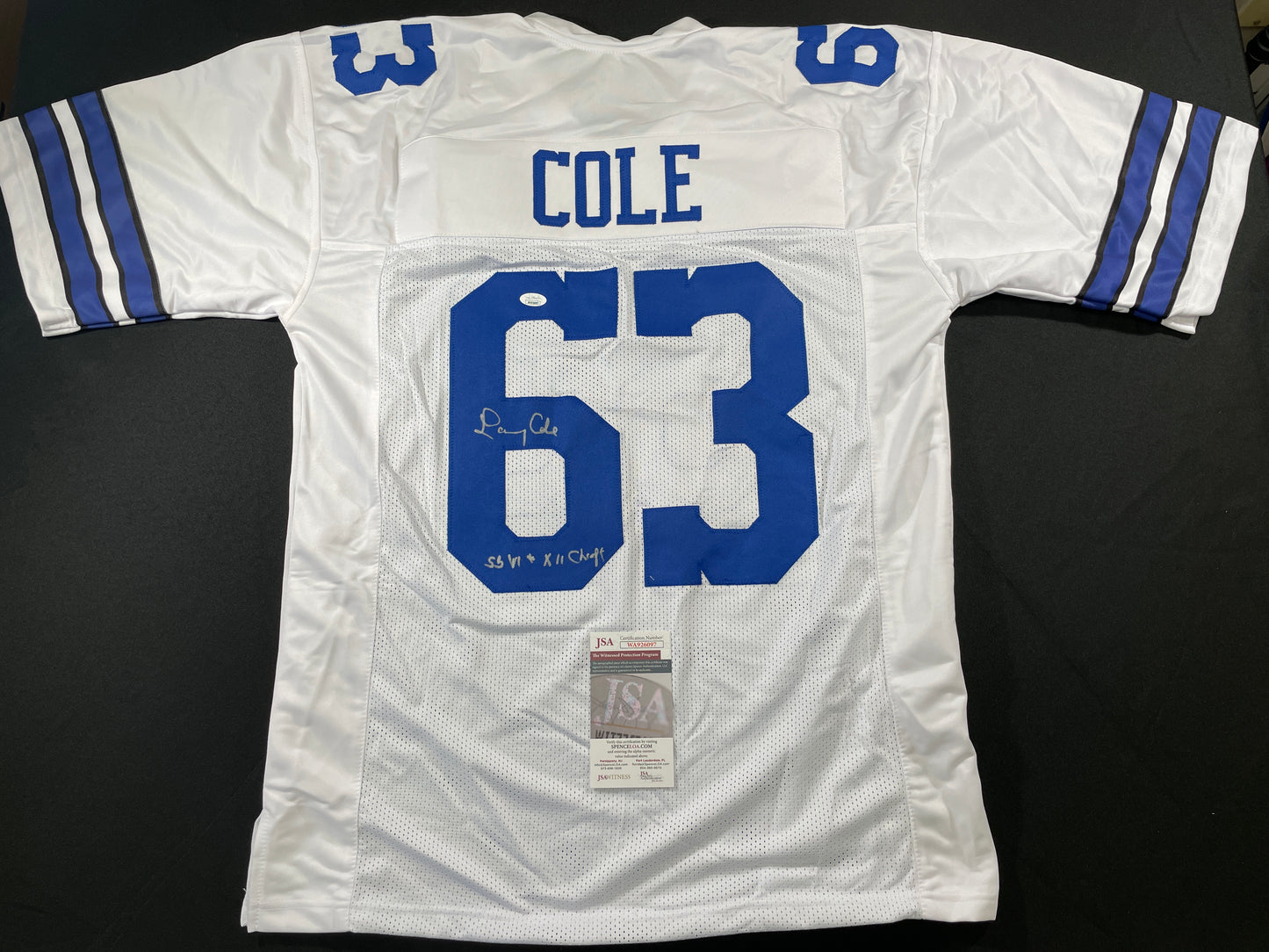 LARRY COLE DALLAS COWBOYS SIGNED WHITE JERSEY w/SB VI & XII Champs XL JSA COA