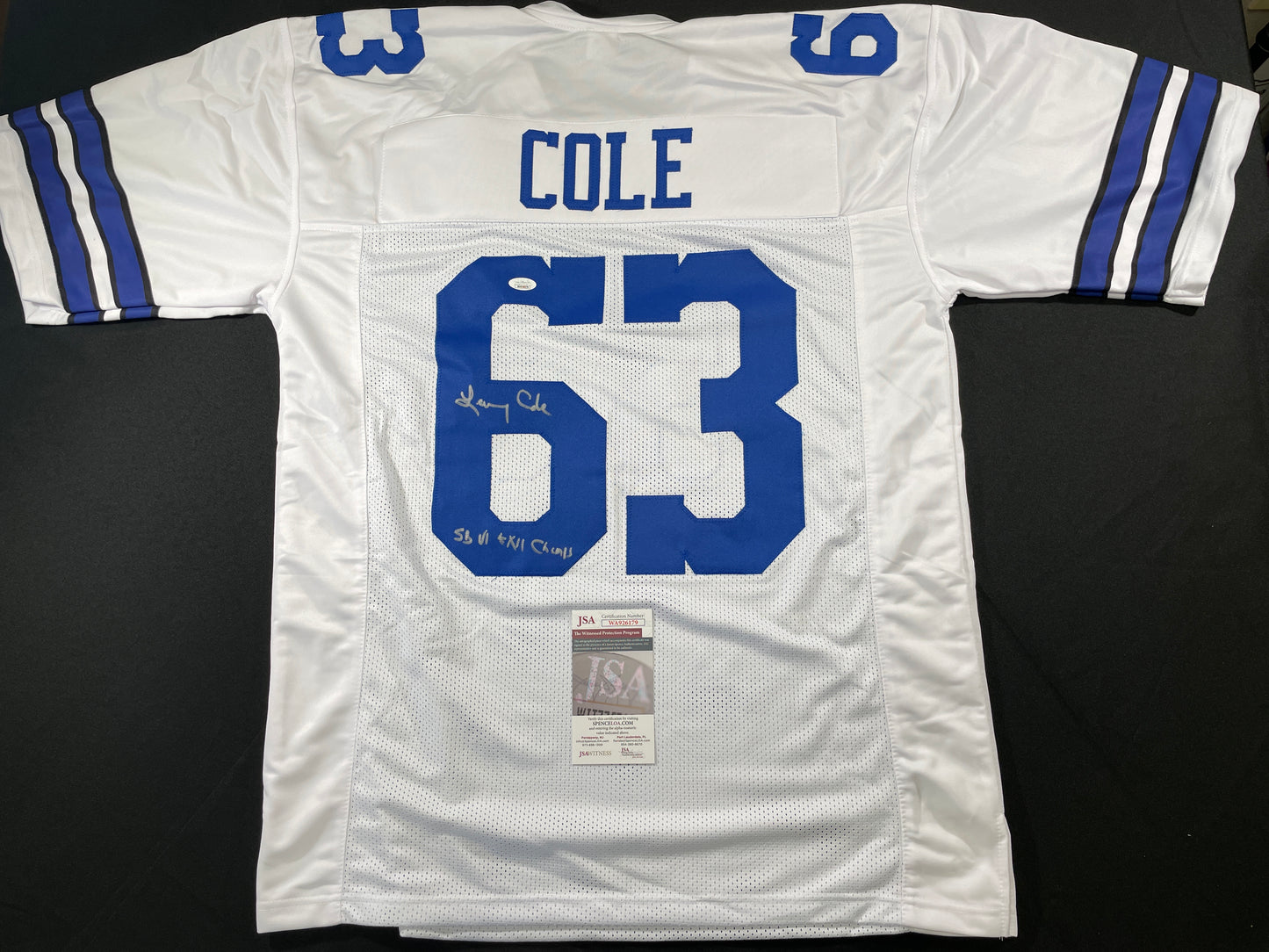 LARRY COLE DALLAS COWBOYS SIGNED WHITE JERSEY w/SB VI & XII Champs XL JSA COA