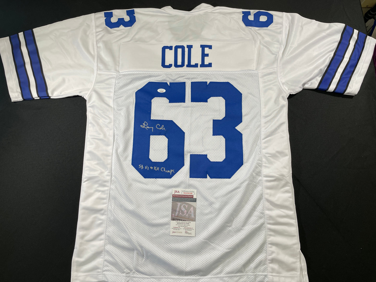 LARRY COLE DALLAS COWBOYS SIGNED WHITE JERSEY w/SB VI & XII Champs XL JSA COA