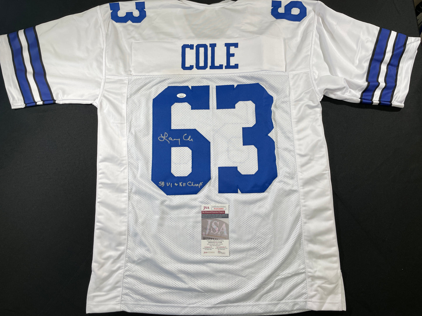 LARRY COLE DALLAS COWBOYS SIGNED WHITE JERSEY w/SB VI & XII Champs XL JSA COA