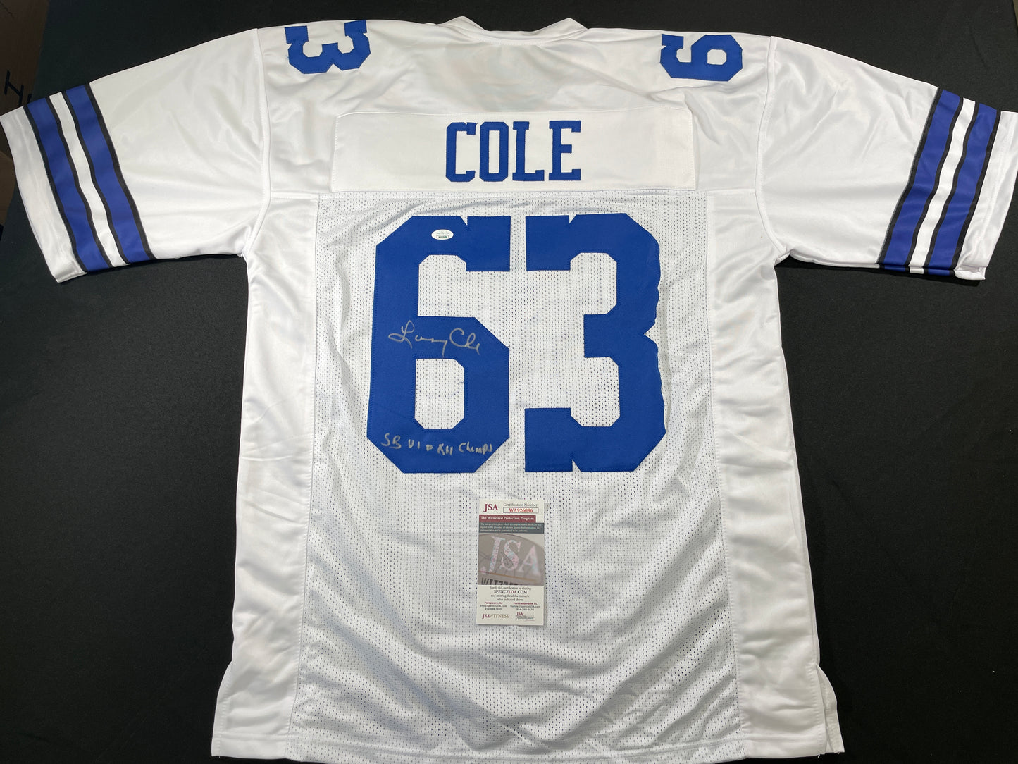 LARRY COLE DALLAS COWBOYS SIGNED WHITE JERSEY w/SB VI & XII Champs XL JSA COA
