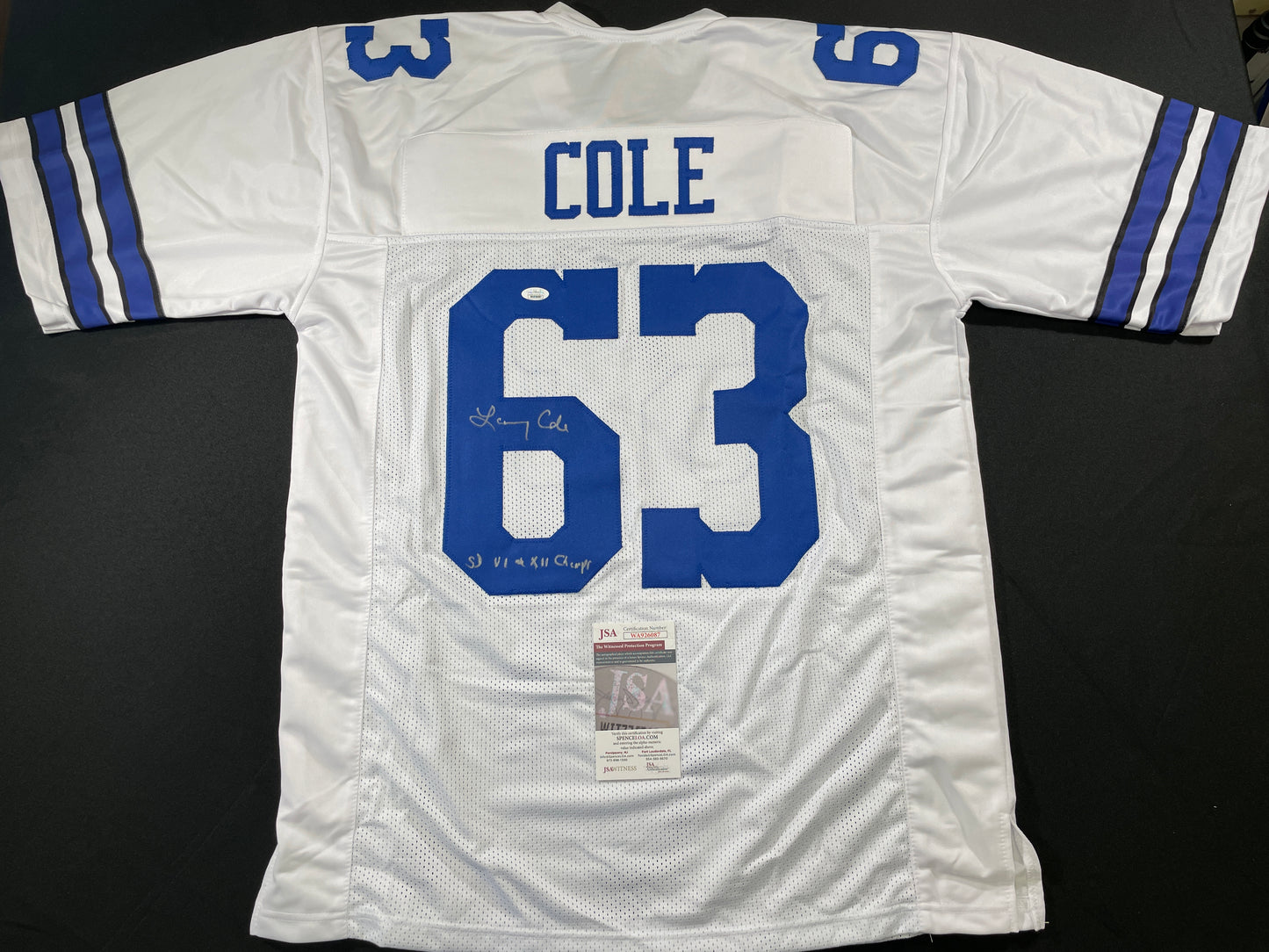 LARRY COLE DALLAS COWBOYS SIGNED WHITE JERSEY w/SB VI & XII Champs XL JSA COA