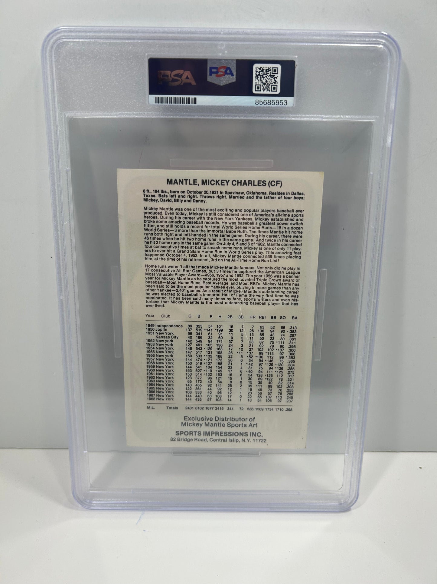 MICKEY MANTLE SPORTS IMPRESSIONS STAT BACK 4x6 SINGED AUTO PRINT PSA/DNA 10