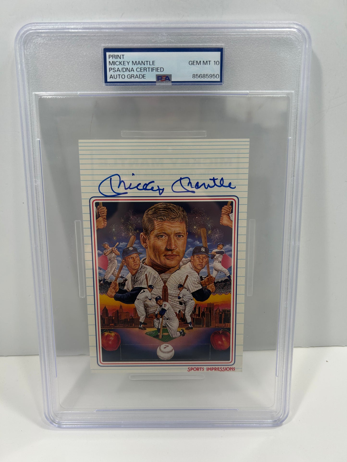 MICKEY MANTLE SPORTS IMPRESSIONS STAT BACK 4x6 SINGED AUTO PRINT PSA/DNA 10