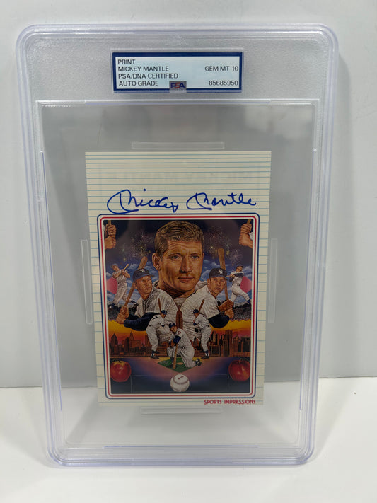 MICKEY MANTLE SPORTS IMPRESSIONS STAT BACK 4x6 SINGED AUTO PRINT PSA/DNA 10