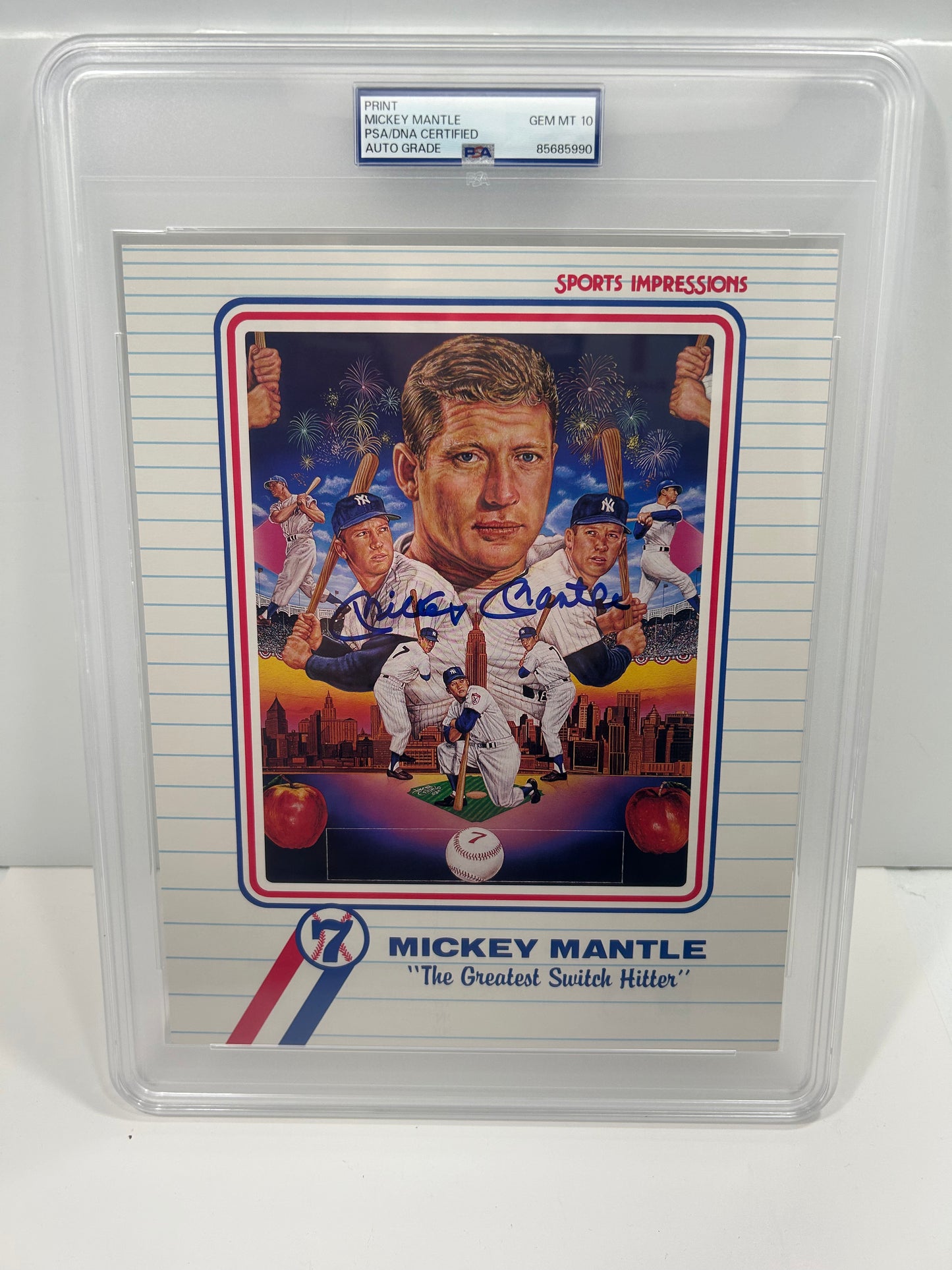 MICKEY MANTLE SPORTS IMPRESSIONS STAT BACK 8x10 SINGED AUTO PRINT PSA/DNA 10