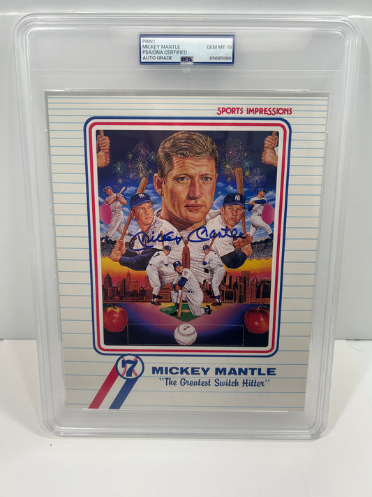 MICKEY MANTLE SPORTS IMPRESSIONS STAT BACK 8x10 SINGED AUTO PRINT PSA/DNA 10