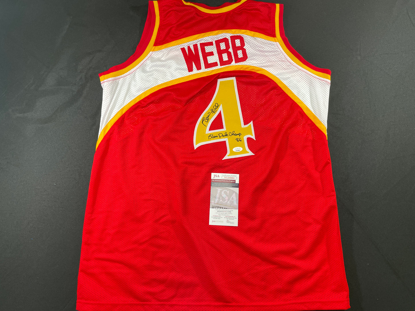SPUD WEBB ATLANTA HAWKS SIGNED JERSEY w/Slam Dunk Champ 86 XL JSA COA