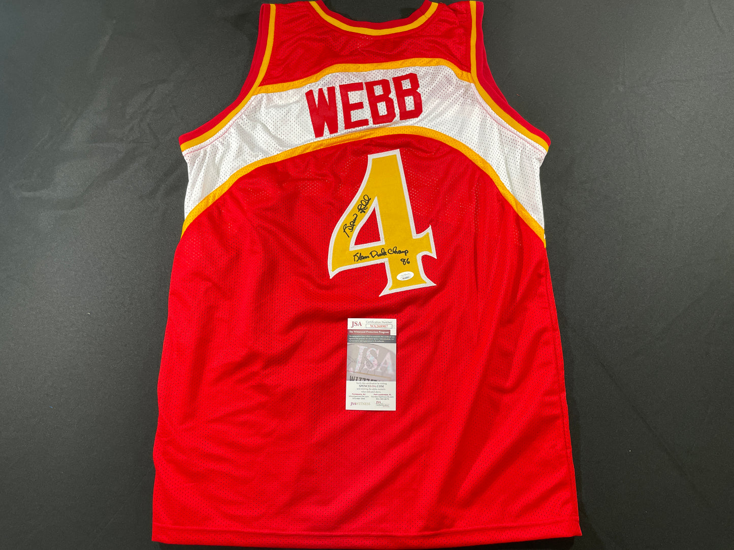 SPUD WEBB ATLANTA HAWKS SIGNED JERSEY w/Slam Dunk Champ 86 XL JSA COA