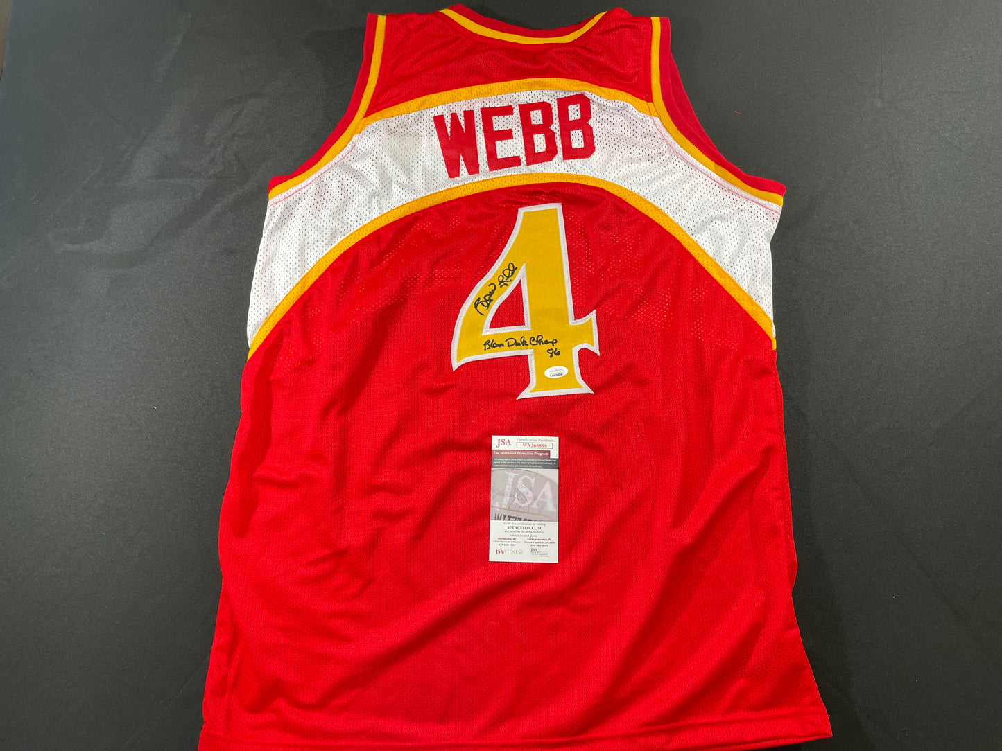 SPUD WEBB ATLANTA HAWKS SIGNED JERSEY w/Slam Dunk Champ 86 XL JSA COA