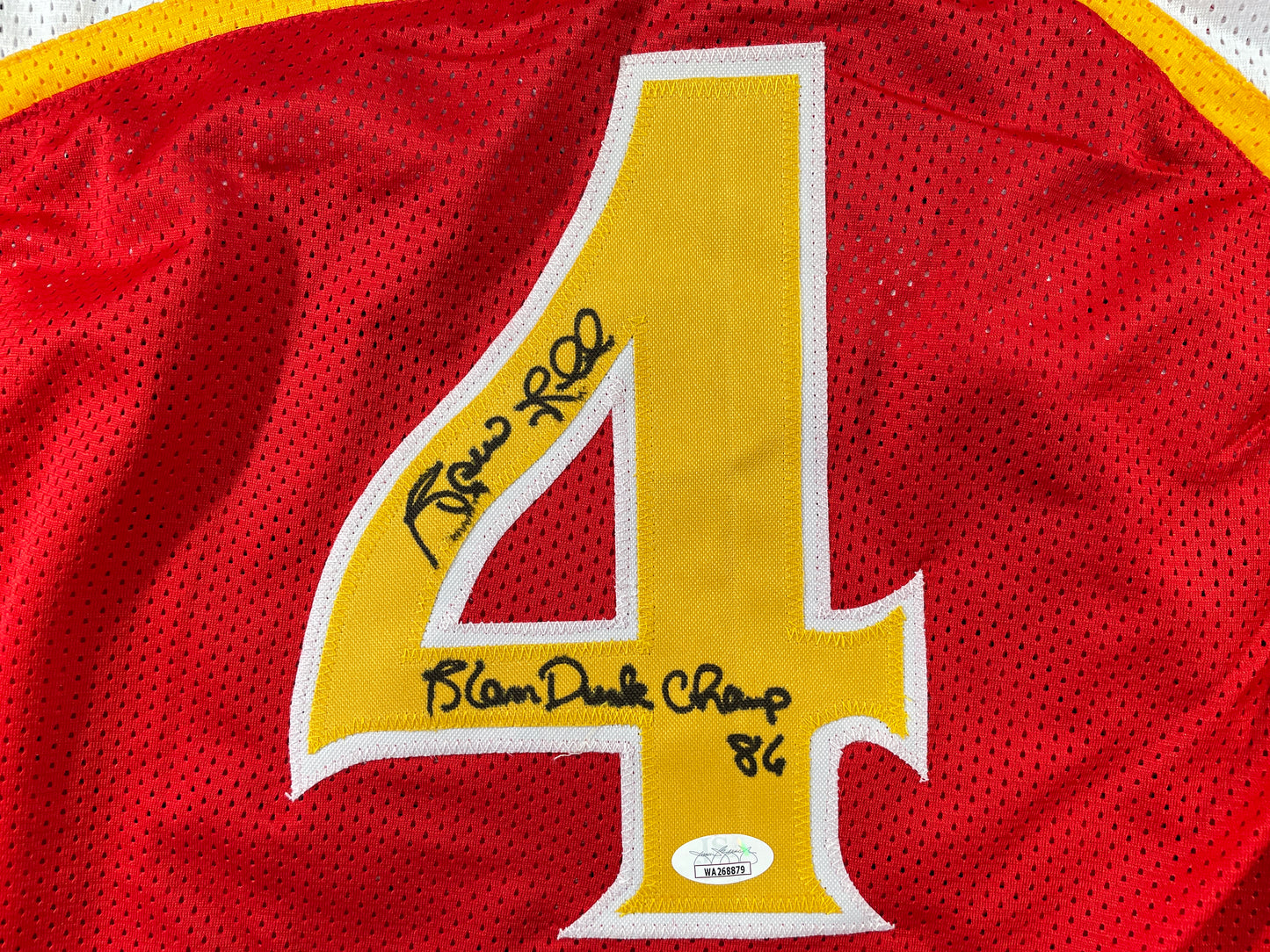 SPUD WEBB ATLANTA HAWKS SIGNED JERSEY w/Slam Dunk Champ 86 XL JSA COA