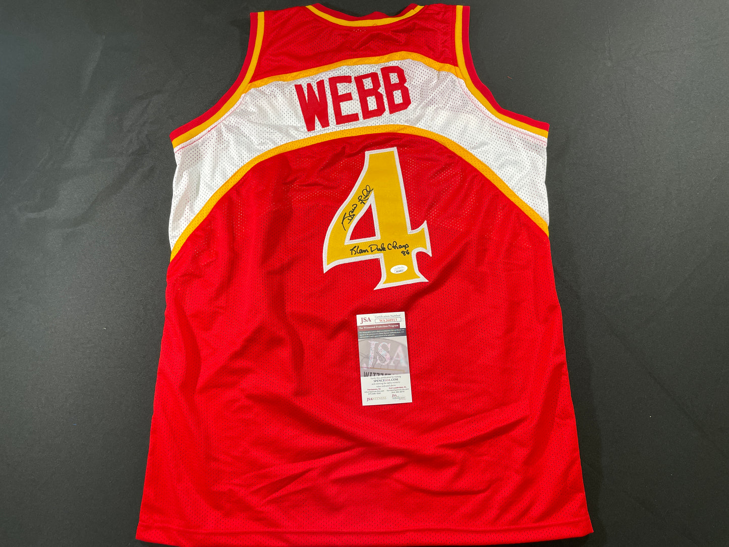 SPUD WEBB ATLANTA HAWKS SIGNED JERSEY w/Slam Dunk Champ 86 XL JSA COA