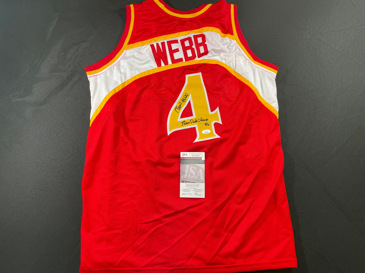 SPUD WEBB ATLANTA HAWKS SIGNED JERSEY w/Slam Dunk Champ 86 XL JSA COA