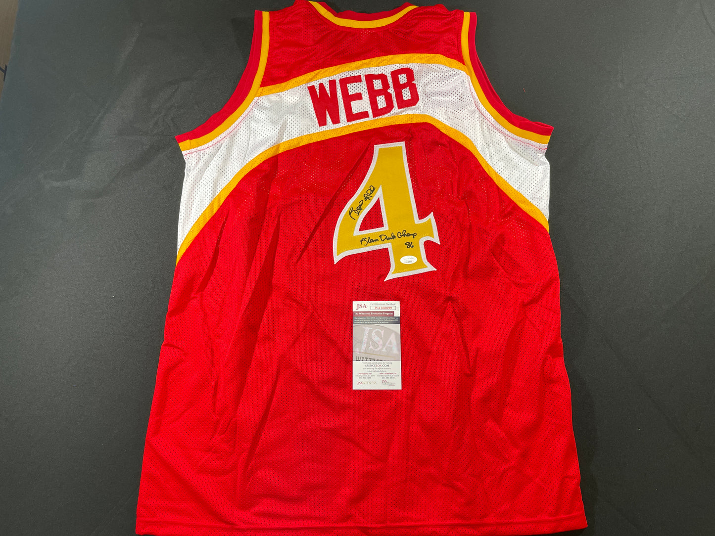 SPUD WEBB ATLANTA HAWKS SIGNED JERSEY w/Slam Dunk Champ 86 XL JSA COA