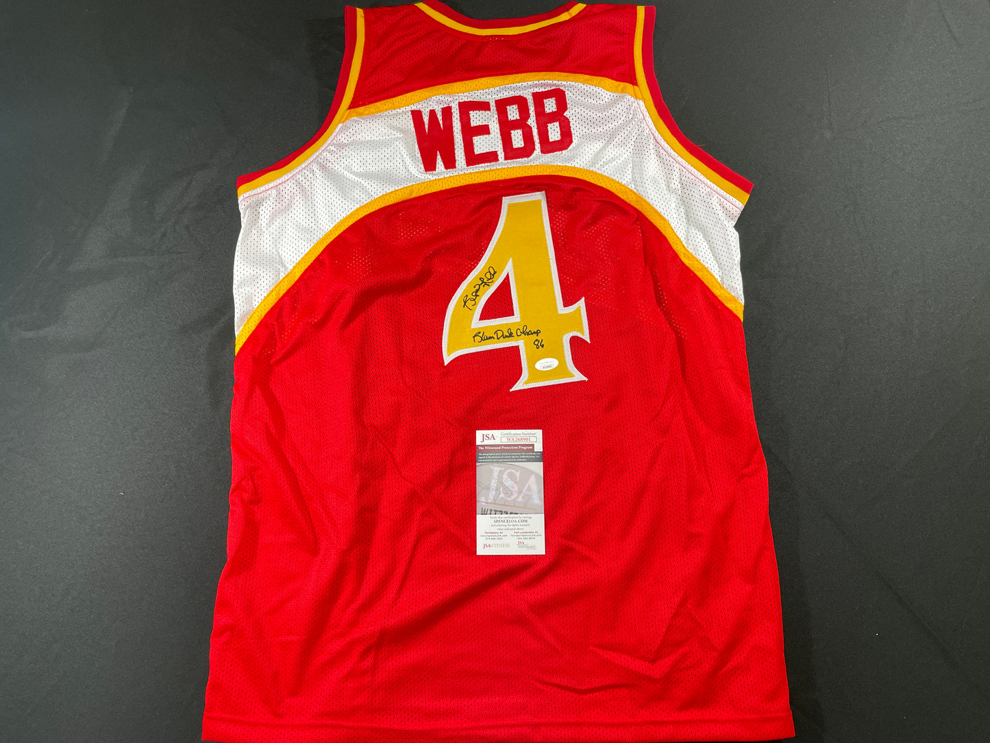 SPUD WEBB ATLANTA HAWKS SIGNED JERSEY w/Slam Dunk Champ 86 XL JSA COA