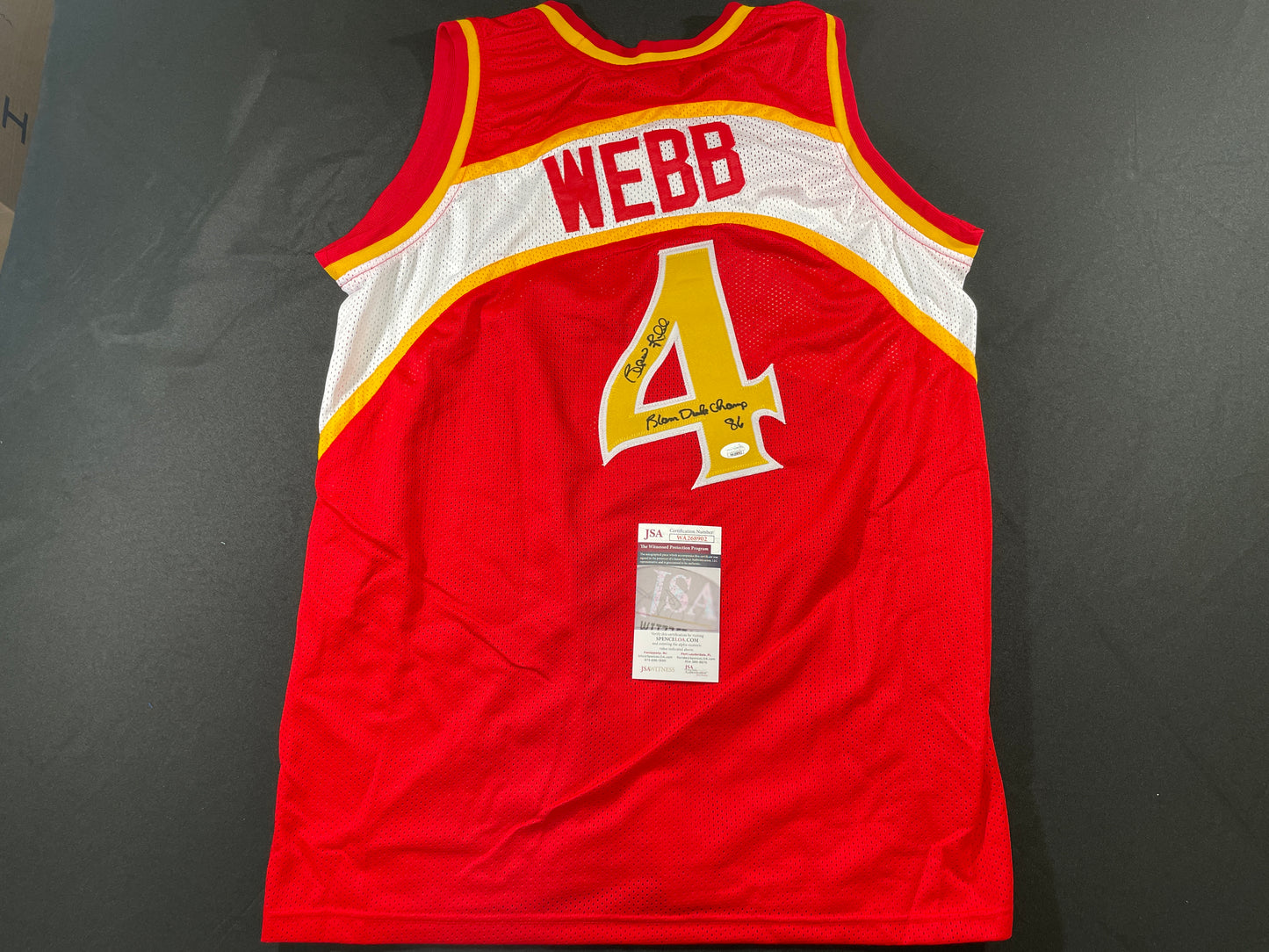 SPUD WEBB ATLANTA HAWKS SIGNED JERSEY w/Slam Dunk Champ 86 XL JSA COA