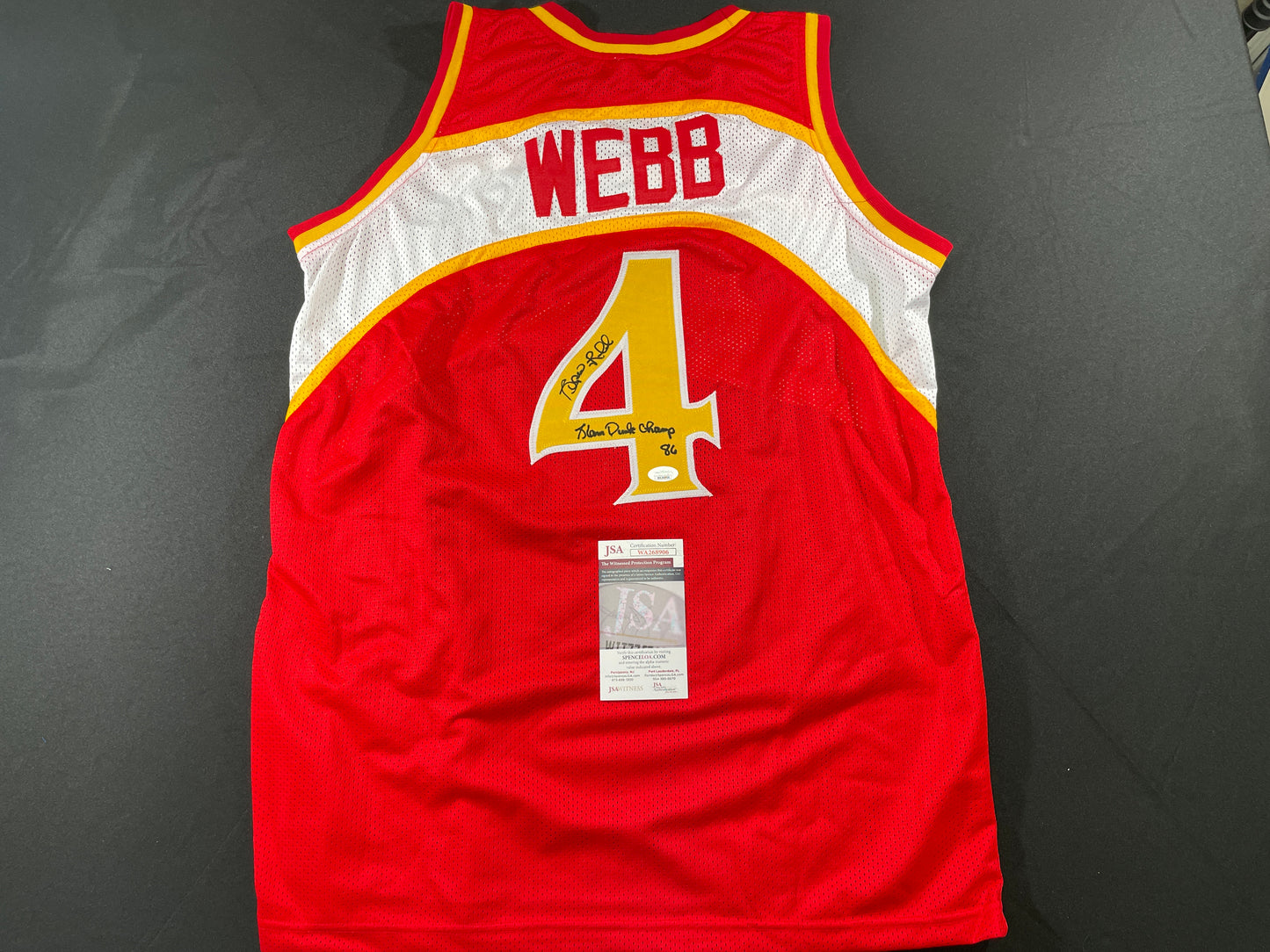 SPUD WEBB ATLANTA HAWKS SIGNED JERSEY w/Slam Dunk Champ 86 XL JSA COA