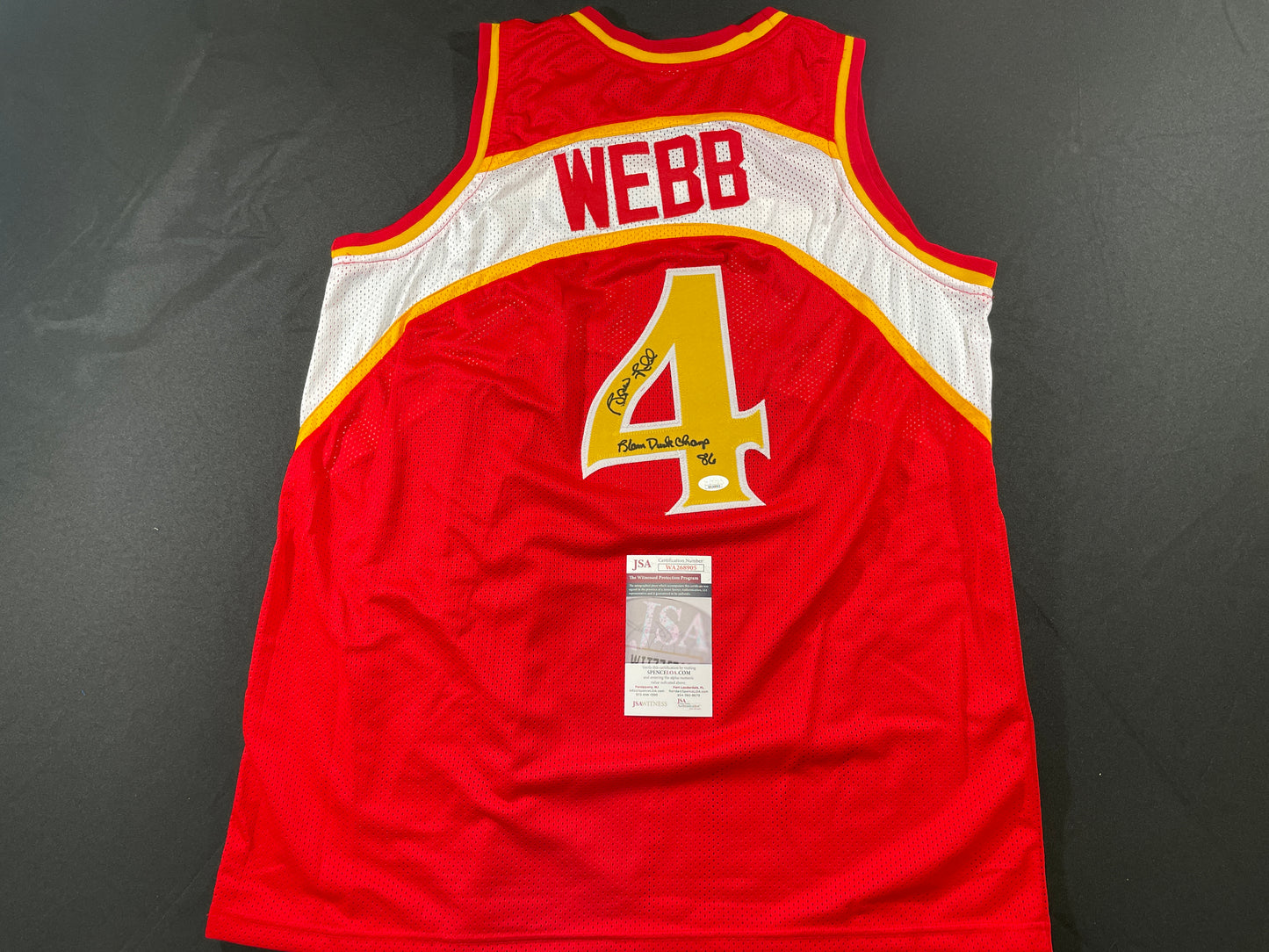 SPUD WEBB ATLANTA HAWKS SIGNED JERSEY w/Slam Dunk Champ 86 XL JSA COA