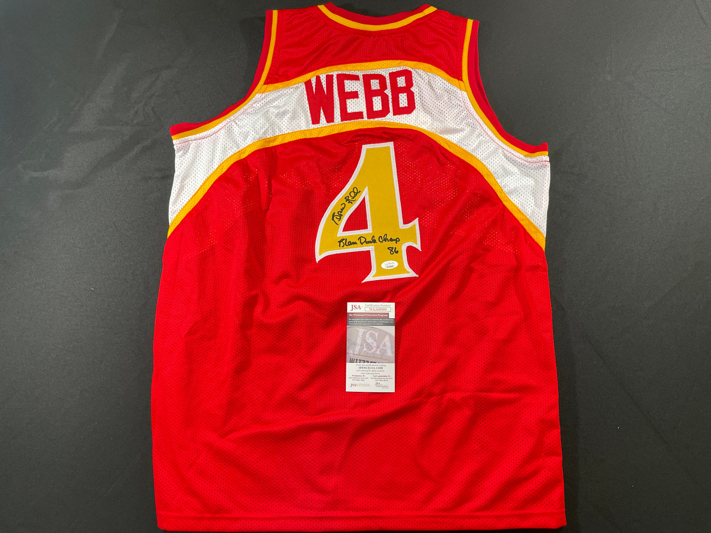 SPUD WEBB ATLANTA HAWKS SIGNED JERSEY w/Slam Dunk Champ 86 XL JSA COA