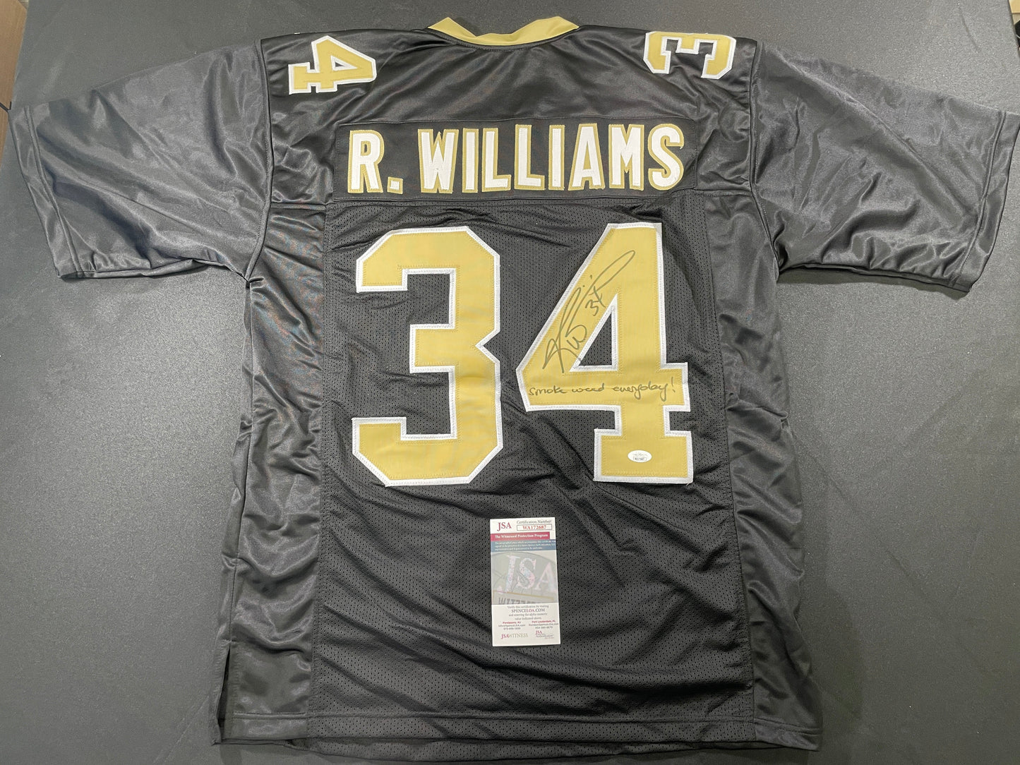 RICKY WILLIAMS NEW ORLEANS SIANTS SIGNED JERSEY w/"Smoke Weed Everyday" JSA