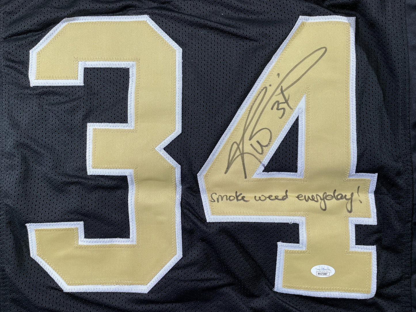 RICKY WILLIAMS NEW ORLEANS SIANTS SIGNED JERSEY w/"Smoke Weed Everyday" JSA