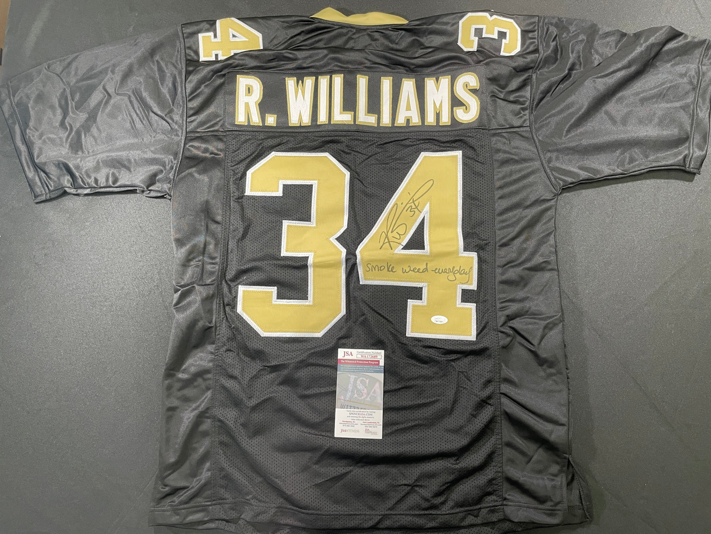 RICKY WILLIAMS NEW ORLEANS SIANTS SIGNED JERSEY w/"Smoke Weed Everyday" JSA