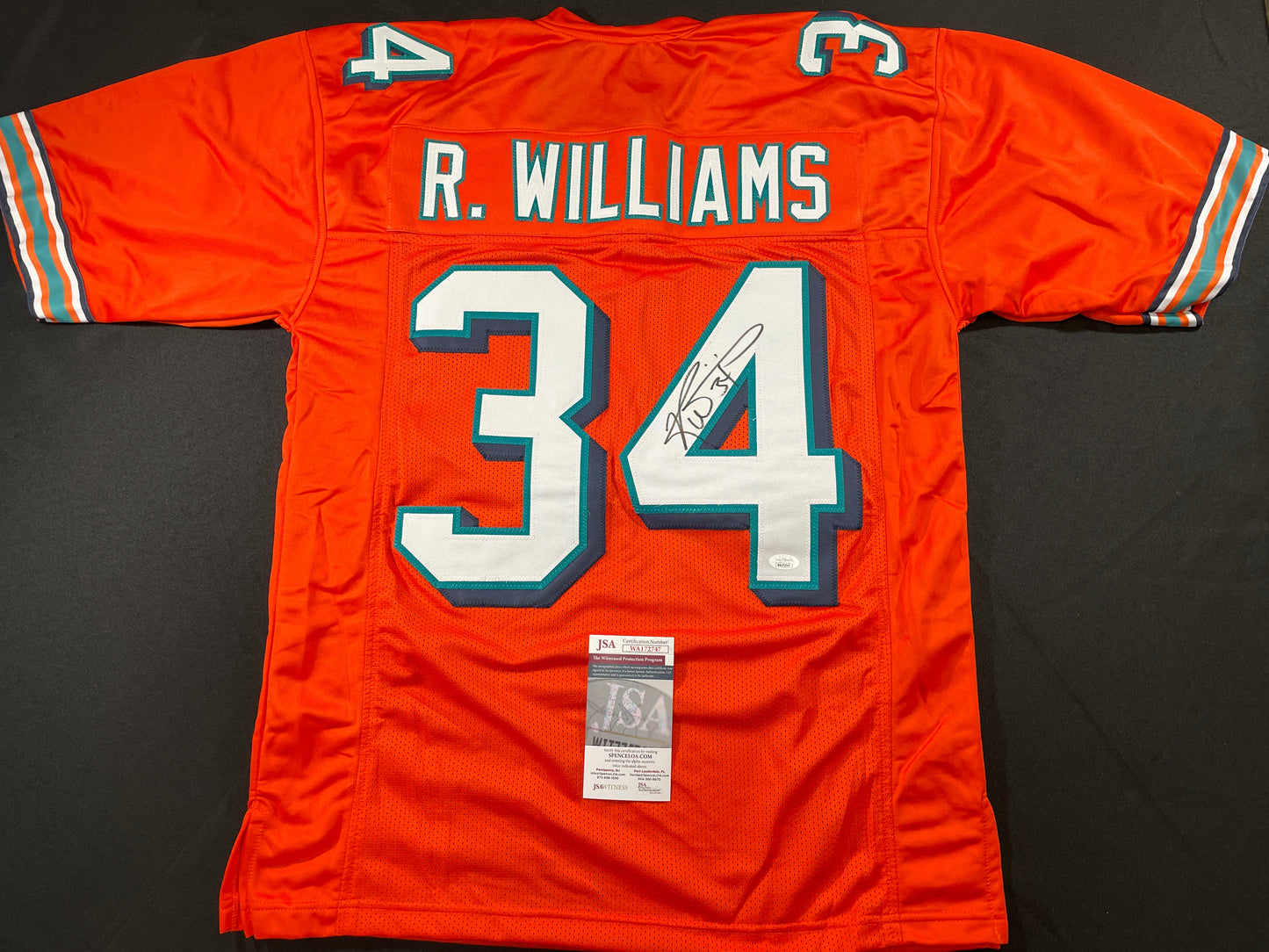 RICKY WILLIAMS ORANGE MIAMI DOLPHIN SIGNED JERSEY JSA