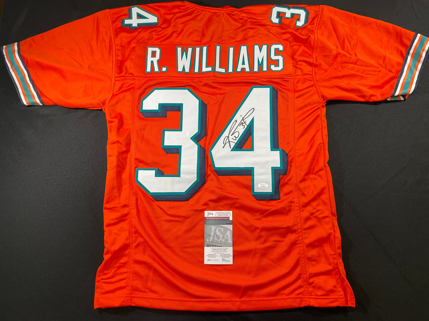 RICKY WILLIAMS ORANGE MIAMI DOLPHIN SIGNED JERSEY JSA