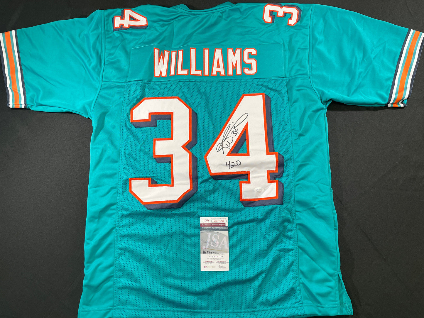 RICKY WILLIAMS TEAL MIAMI DOLPHINS SIGNED JERSEY w/"420" JSA