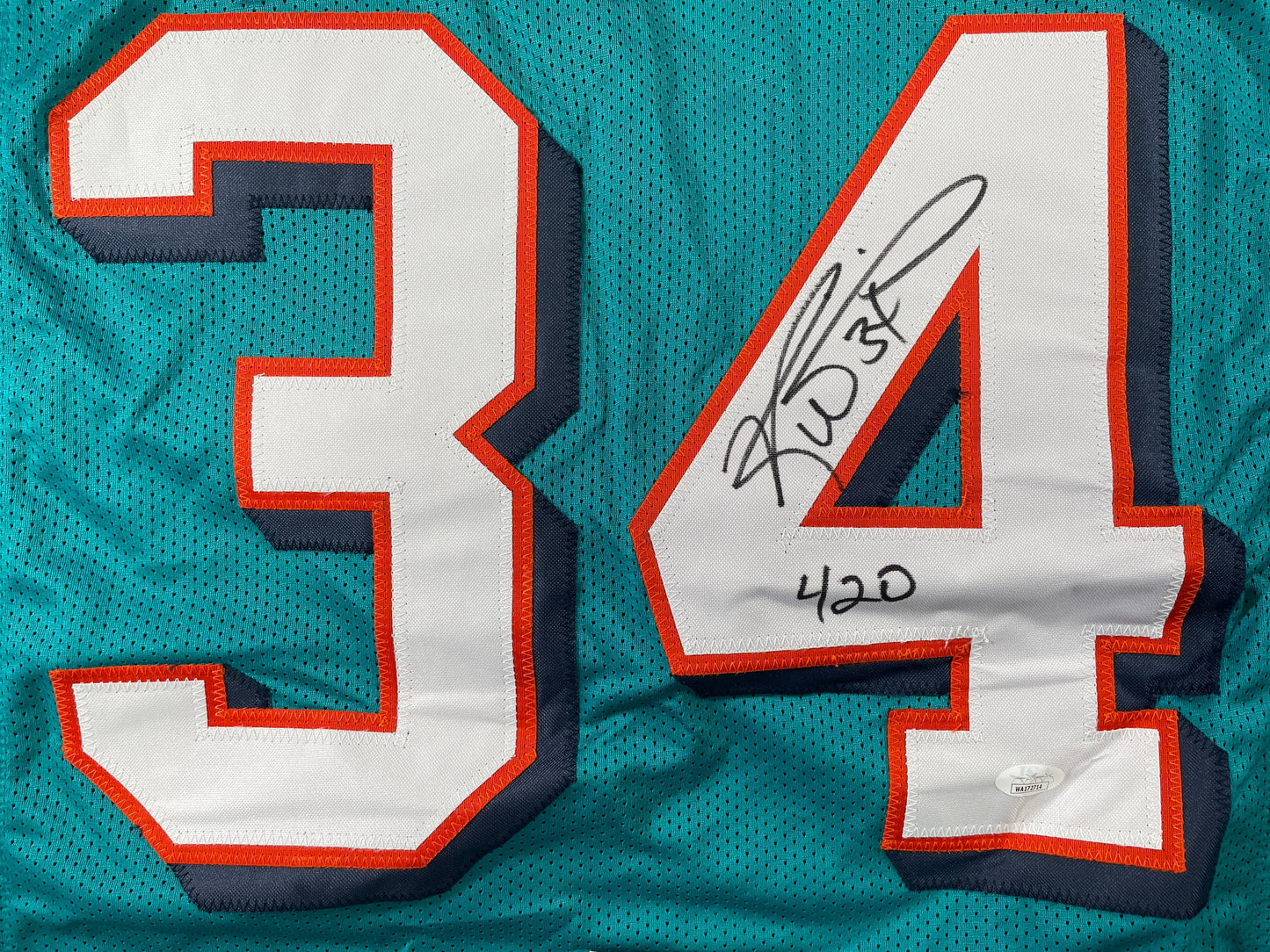 RICKY WILLIAMS TEAL MIAMI DOLPHINS SIGNED JERSEY w/"420" JSA
