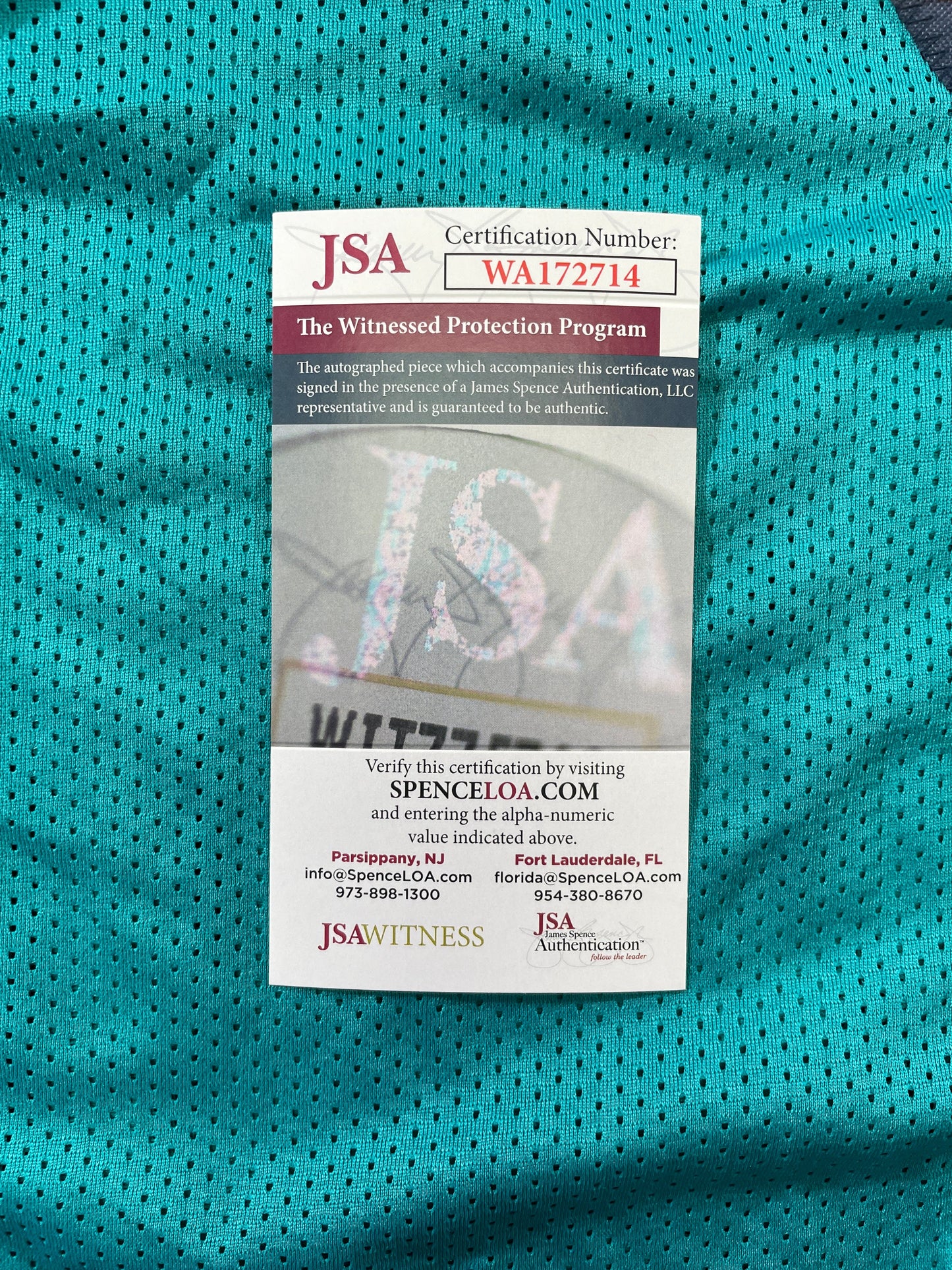 RICKY WILLIAMS TEAL MIAMI DOLPHINS SIGNED JERSEY w/"420" JSA