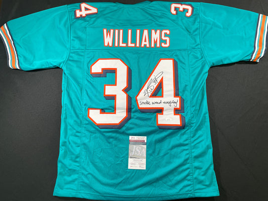 RICKY WILLIAMS TEAL MIAMI DOLPHINS SIGNED JERSEY w/"Smoke Weed Everyday" JSA