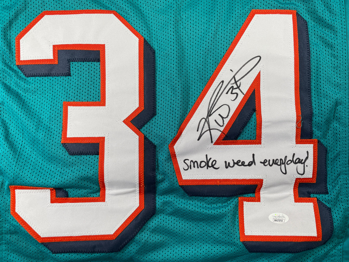 RICKY WILLIAMS TEAL MIAMI DOLPHINS SIGNED JERSEY w/"Smoke Weed Everyday" JSA
