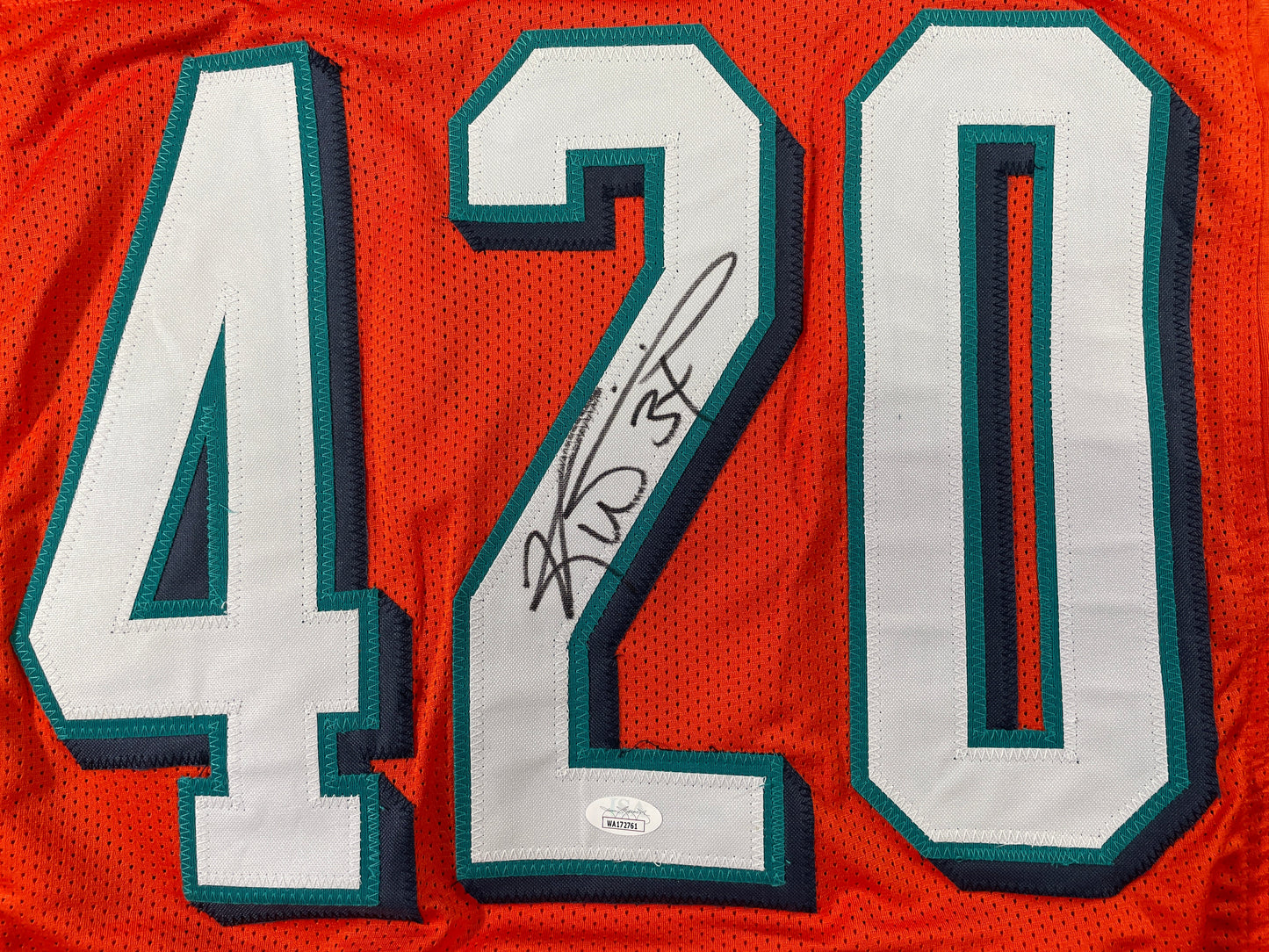 RICKY WILLIAMS ORANGE MAIMI DOLPHINS 420 SIGNED JERSEY JSA