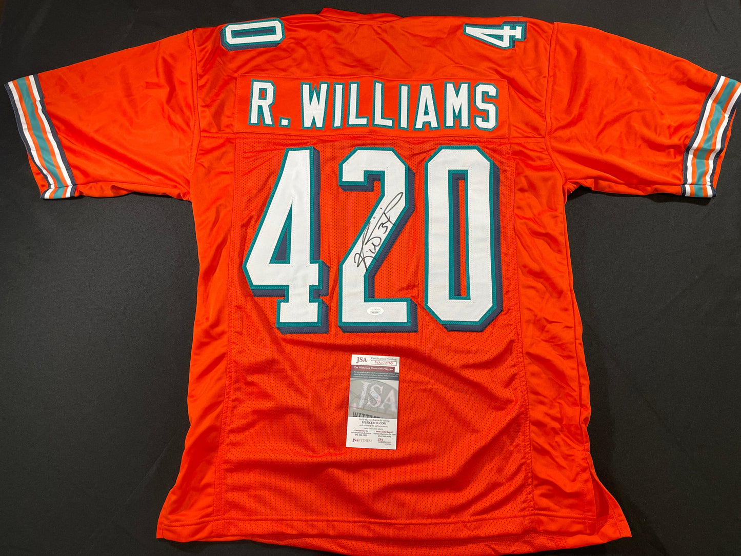 RICKY WILLIAMS ORANGE MAIMI DOLPHINS 420 SIGNED JERSEY JSA