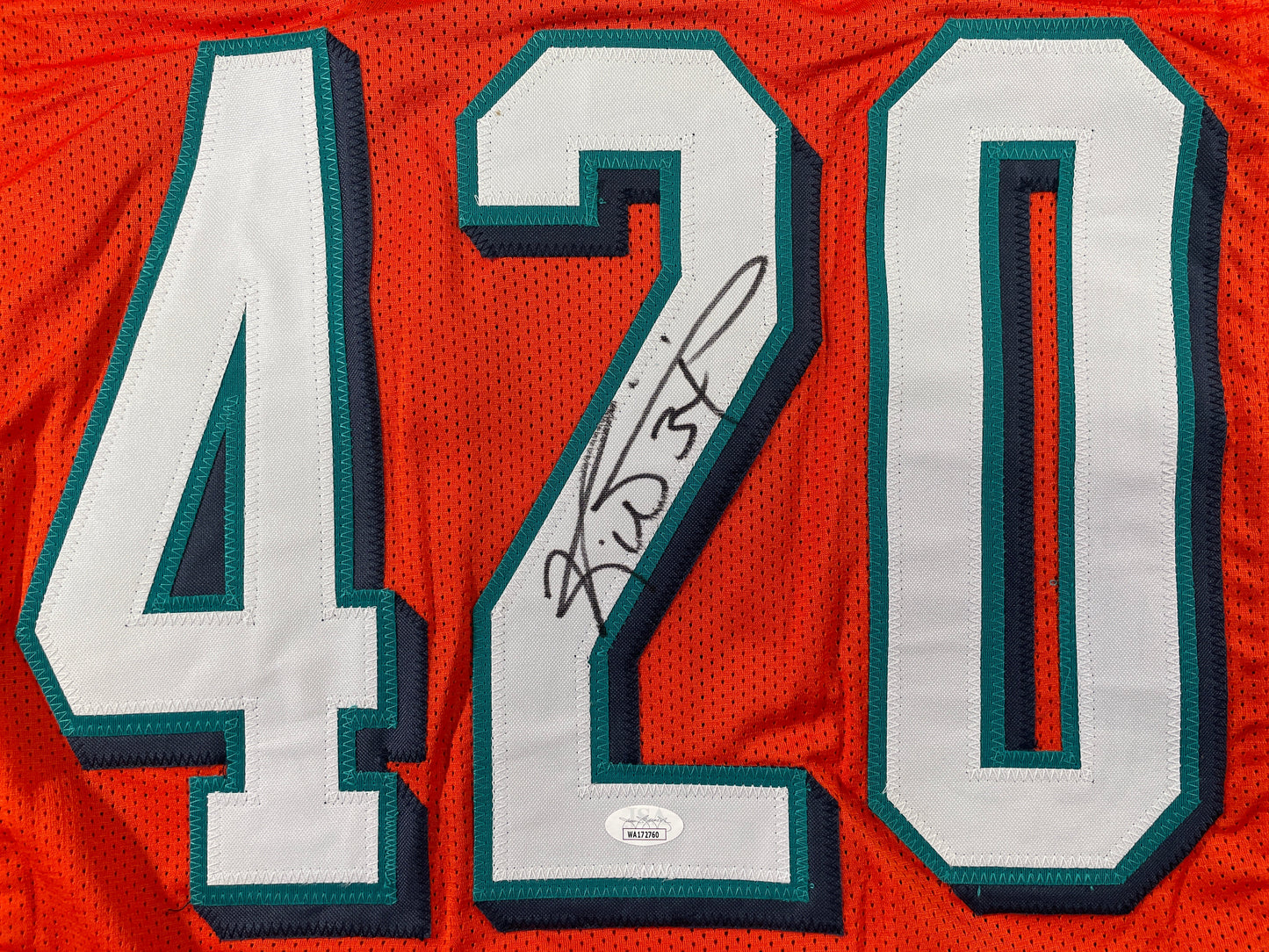 RICKY WILLIAMS ORANGE MAIMI DOLPHINS 420 SIGNED JERSEY JSA