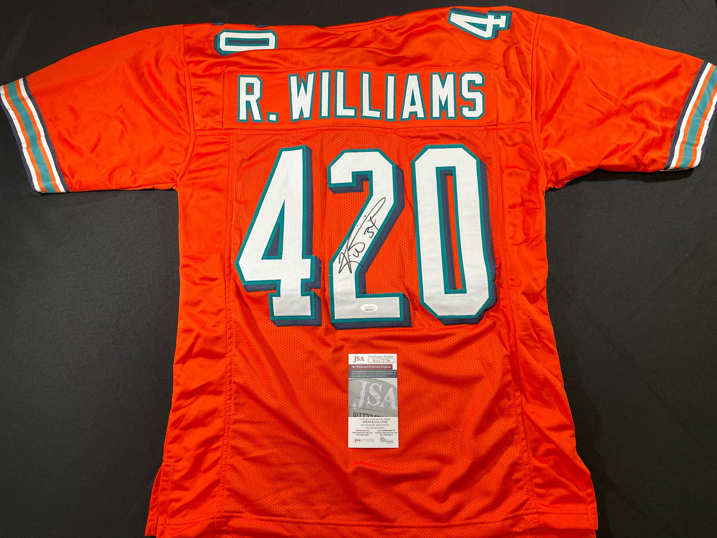 RICKY WILLIAMS ORANGE MAIMI DOLPHINS 420 SIGNED JERSEY JSA